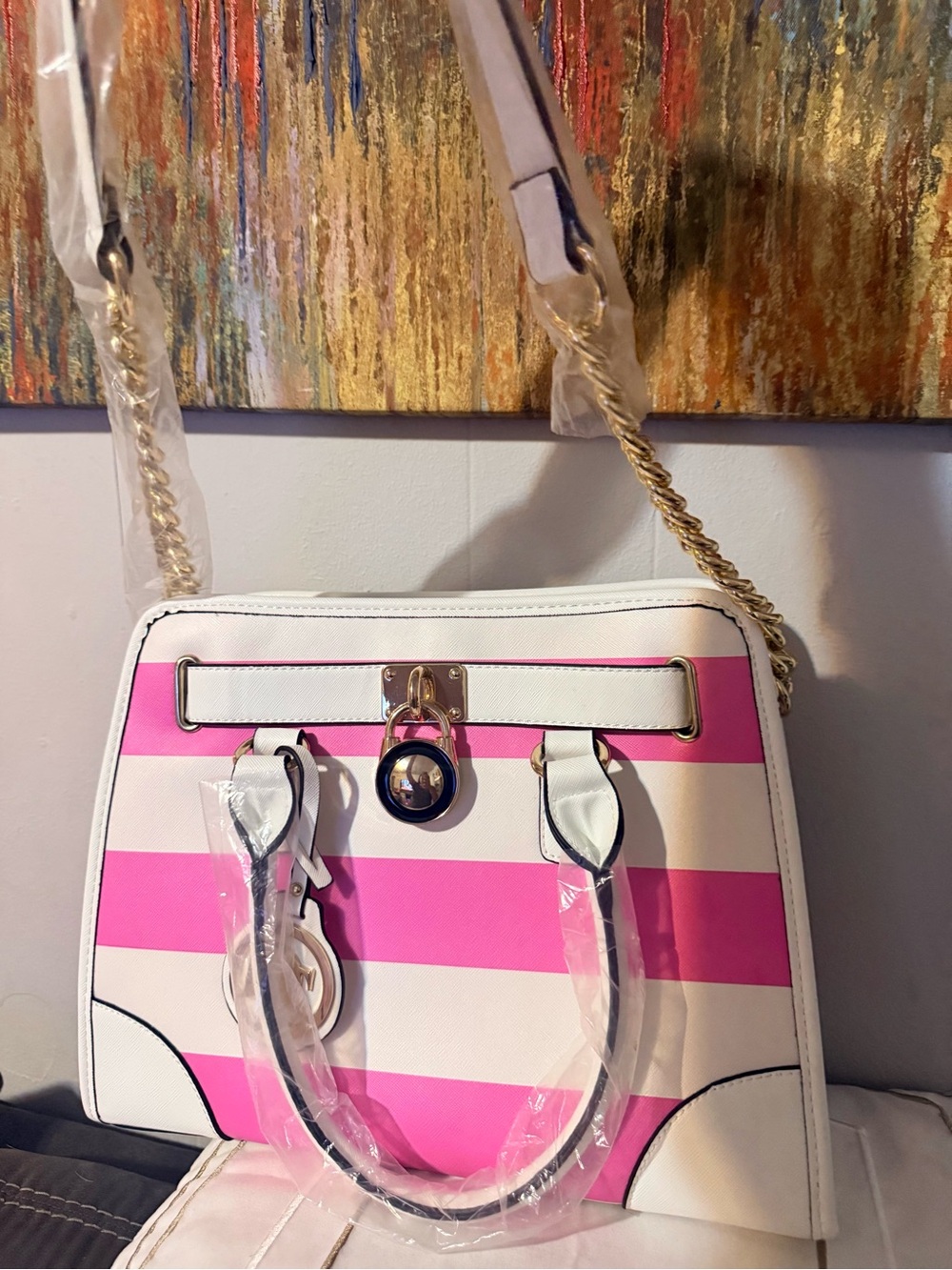 Pink & White Striped Satchel with Pink Wallet by - Picture 8 of 12